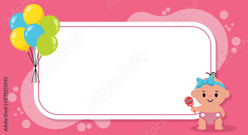 Adorable baby girl celebrates with colorful balloons, perfect for invitations, announcements, and joyful party themes