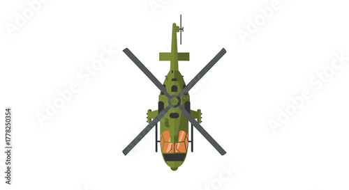 Dynamic military helicopter viewed from directly above, ready for strategic operations and transport missions