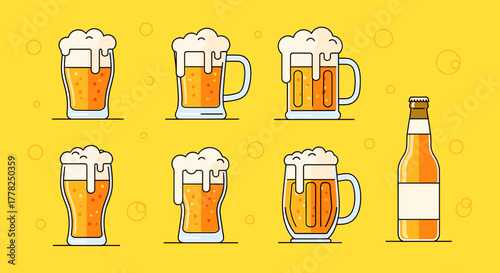 Vibrant collection of frothy beer mugs and bottles illustrated in a fun, modern flat design style perfect for celebrations and branding