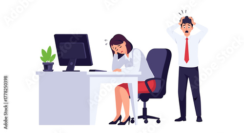 Overwhelmed businesswoman and stressed businessman facing office work crisis, showing burnout and despair