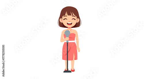 Joyful young woman confidently singing into microphone with infectious energy, ready for her performance