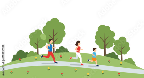 Vibrant family enjoys a healthy outdoor run together on a sunny park path surrounded by trees and flowers, promoting active lifestyle and wellness.