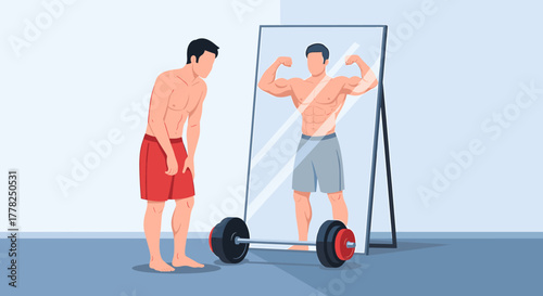 Man gazes at muscular reflection in mirror, aspiring for fitness transformation with barbell nearby