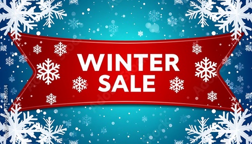 Winter sale banner featuring bold text on a vibrant blue background adorned with white snowflakes, creating a festive atmosphere for seasonal promotions and marketing campaigns