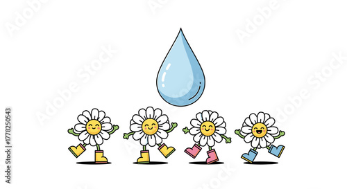 Joyful daisies dancing under a refreshing water drop, spreading happiness and vibrant energy for playful, whimsical designs.