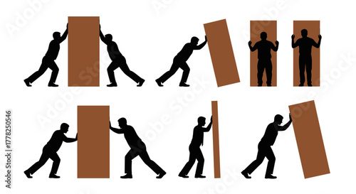 Dynamic silhouettes of business people pushing heavy objects, illustrating effort, teamwork, and overcoming challenges with determination and strength.