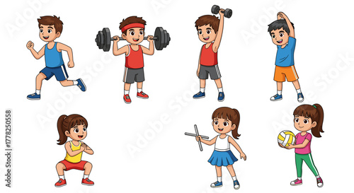 Energetic kids engage in diverse fitness activities like running, weightlifting, stretching, and sports, promoting healthy active lifestyles and fun exercise.