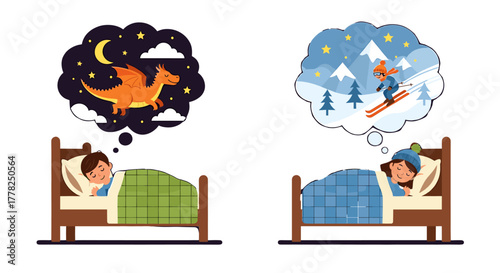 Children dreaming of fantastical adventures and exciting winter sports while peacefully sleeping in their cozy beds