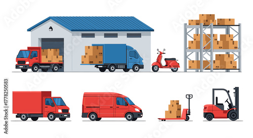 Dynamic logistics scene featuring trucks vans scooter forklift warehouse shelves and boxes symbolizing efficient shipping and delivery operations.