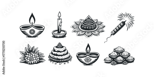 Celebration Symbols Including Lamps, Candle, Fireworks, Flower