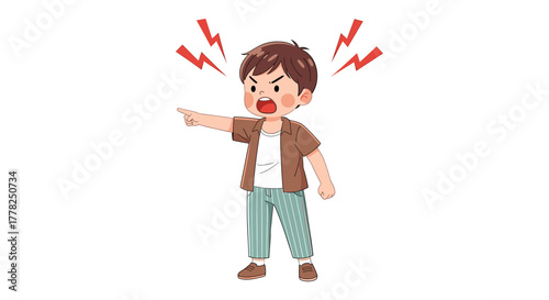 Furious child pointing and shouting with thunderbolts of anger erupting around his head, conveying intense frustration and a tantrum