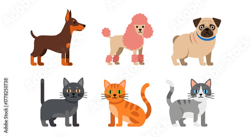 Charming collection of playful dogs and cats featuring diverse breeds in a delightful flat design style