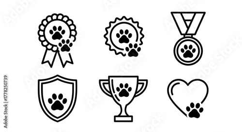 Celebrate pet excellence with these vibrant icons depicting awards, trophies, and hearts featuring paw prints, perfect for canine or feline achievements.