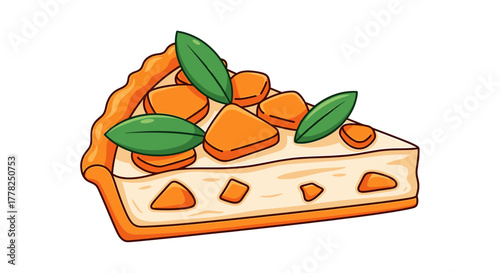 Enjoy a slice of cartoon pumpkin pie decorated with fresh basil leaves for a taste of sweet autumn bliss, perfect for Thanksgiving menus