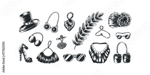 Collection of Hand Drawn Fashion Accessories and Botanical Elements