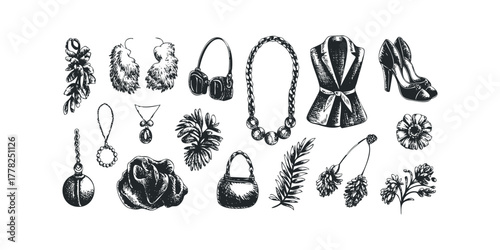 Hand-drawn collection of elegant accessories and botanical elements