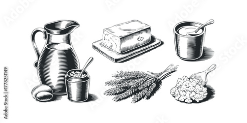 Sketch of dairy products and grain ears