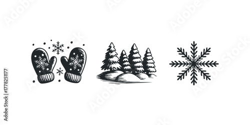 Winter Mittens Snowflakes and Pine Trees Graphics