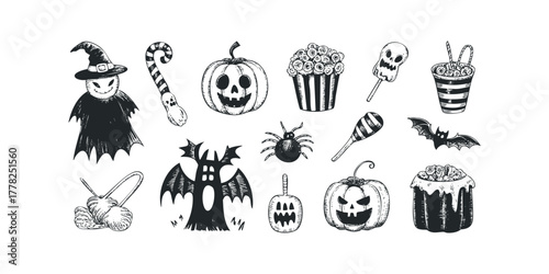Halloween elements including witch, pumpkin, spider, bat, and candy
