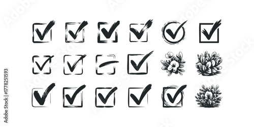 Collection of Hand Drawn Check Mark Icons and Botanical Elements