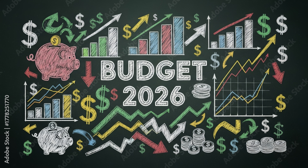 Obraz premium Budget 2026 financial goals business goals finance planning chart growth piggy bank investment income and expense illustration showing upward trend and money management motivation