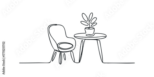 Minimalist line drawing of chair and table with potted plant