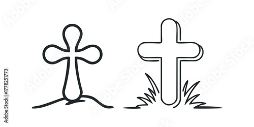 Two simplified cross grave markers on white