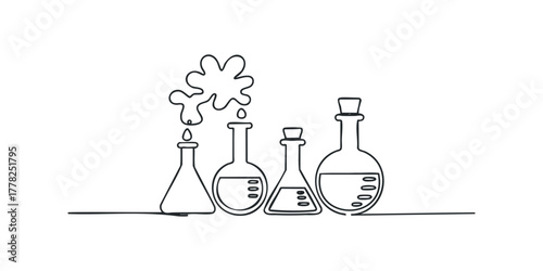 Four outline flasks with liquid and smoke on white