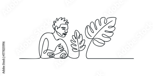 Man and tropical leaf drawn in continuous line style