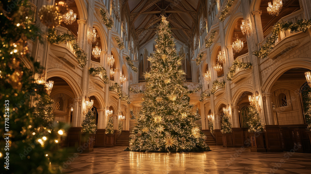 Fototapeta premium Holiday Splendor: Christmas trees illuminate a majestic church interior, evoking the warmth and grandeur of the festive season.