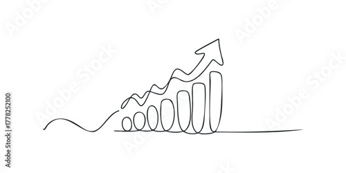 Continuous line drawing of an upward trending bar graph with arrow