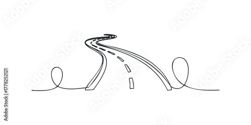 Curving asphalt road with dashed lines and loop