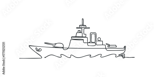 Minimalist line drawing of a warship on wavy water