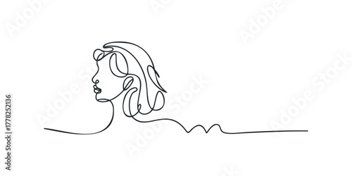 Continuous line drawing of a woman's profile with flowing hair