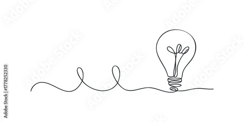 Single line drawing of a light bulb with a cord