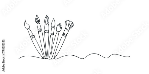Collection of Paint Brushes in Continuous Line Drawing Style