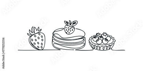 Continuous line drawing of strawberry, cake, and tart
