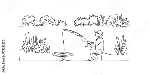 Person fishing by water surrounded by foliage