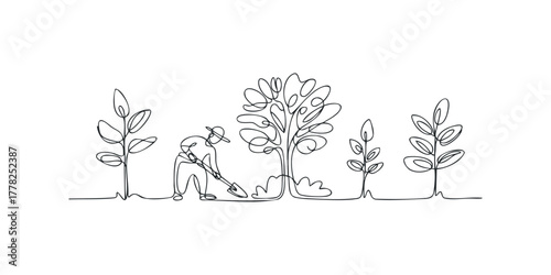 Gardener planting a tree with continuous line art