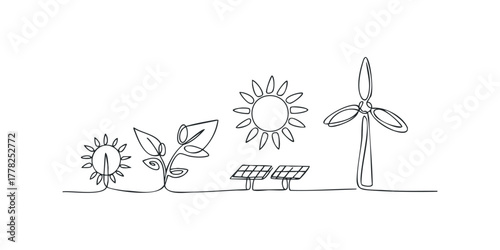 Eco-friendly energy sources depicted with line art