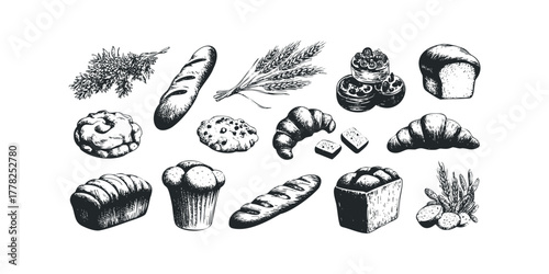 Assortment of Hand-Drawn Baked Goods and Wheat Stalks