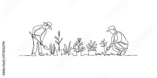 Two people planting small plants in a garden with simple line art style