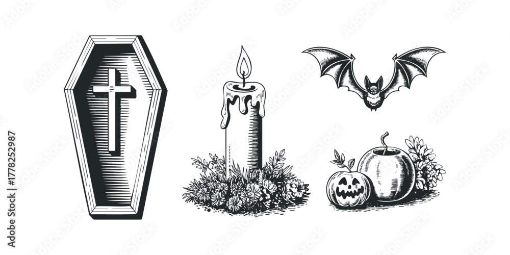 Naklejka premium Halloween coffin bat candle pumpkin and flowers woodcut