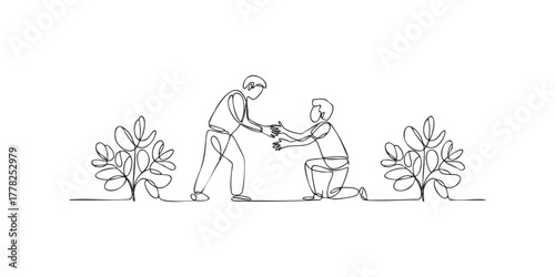 Two people reaching out to help each other