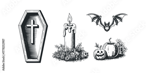 Halloween coffin bat candle pumpkin and flowers woodcut