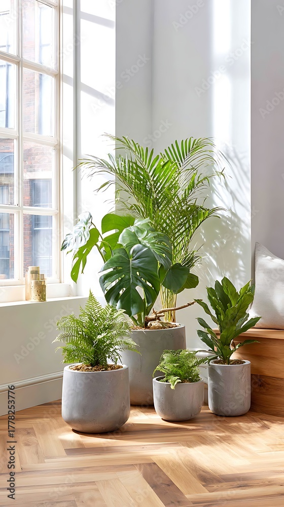 Fototapeta premium Indoor Houseplants in White Pottery Near Window Bright Natural Light Modern Decor