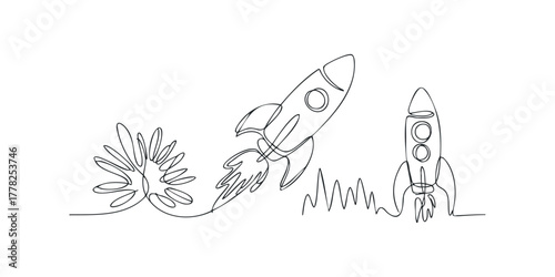 Minimalist line drawing of rockets launching
