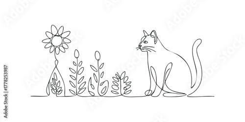 Continuous Line Drawing of Cat and Flower