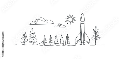 Fototapeta Naklejka Na Ścianę i Meble -  Minimalist Line Art Rocket Ship Launching Above Trees and Clouds