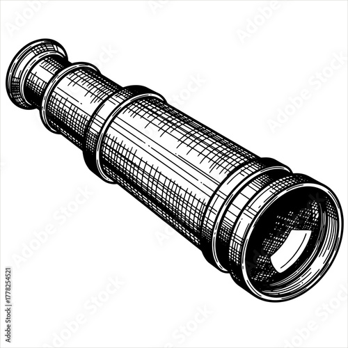Antique monocular, nautical exploration tool. Vintage telescope for pirate adventure concept. Engraving style. Vector illustration for travel, discover